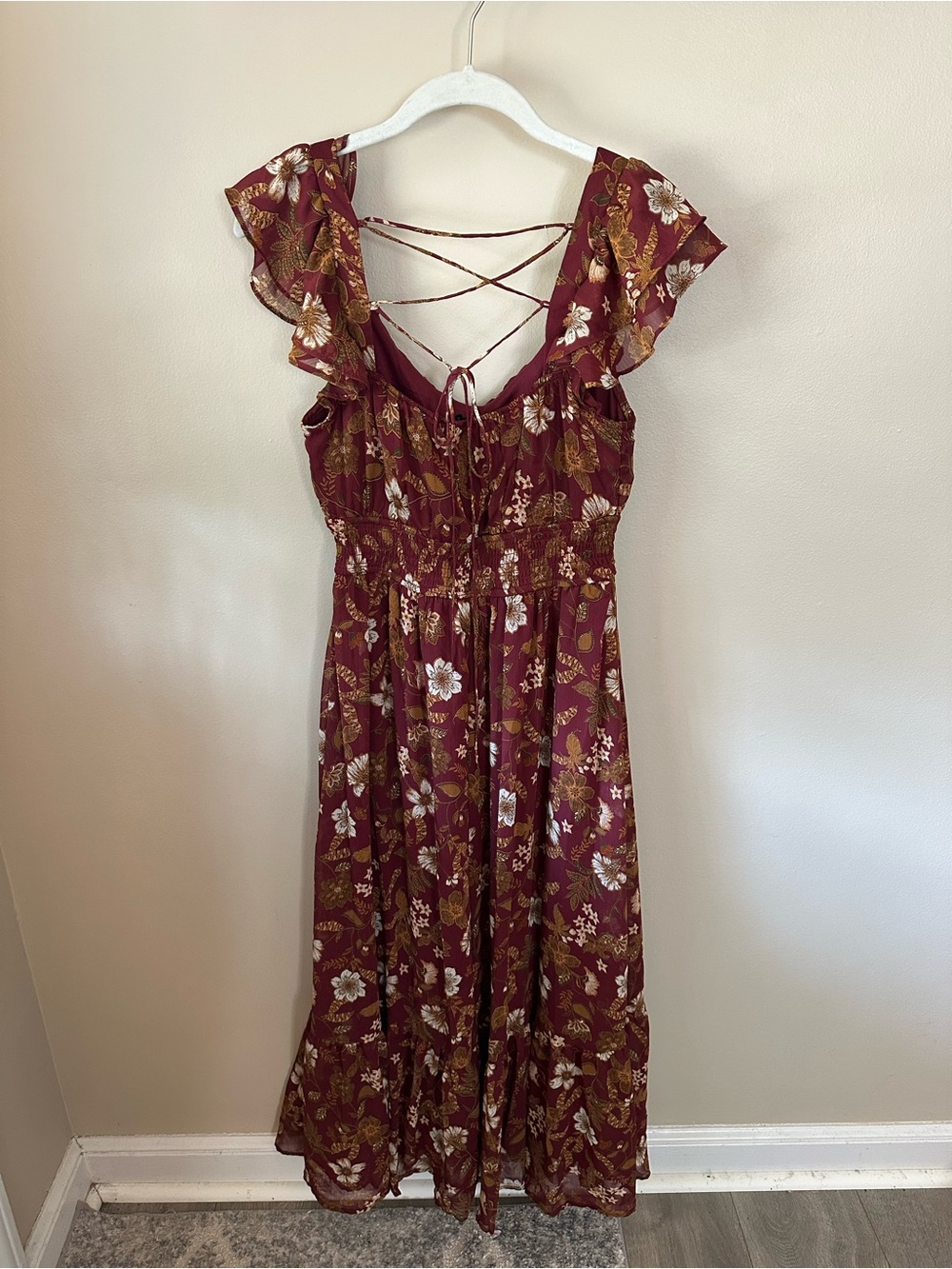 Women's Floral Print Midi Dress with Ruffle Sleeves